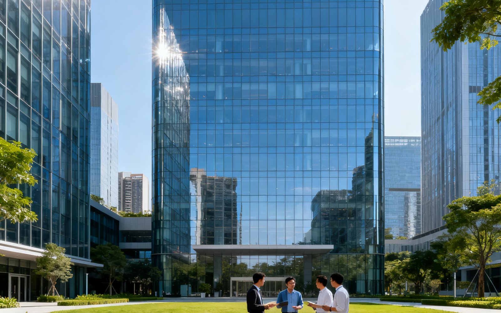 开云体育深圳总部办公大楼外景，现代化玻璃幕墙建筑在阳光下熠熠生辉，楼前广场有员工正在交流讨论，绿化带环绕整个园区