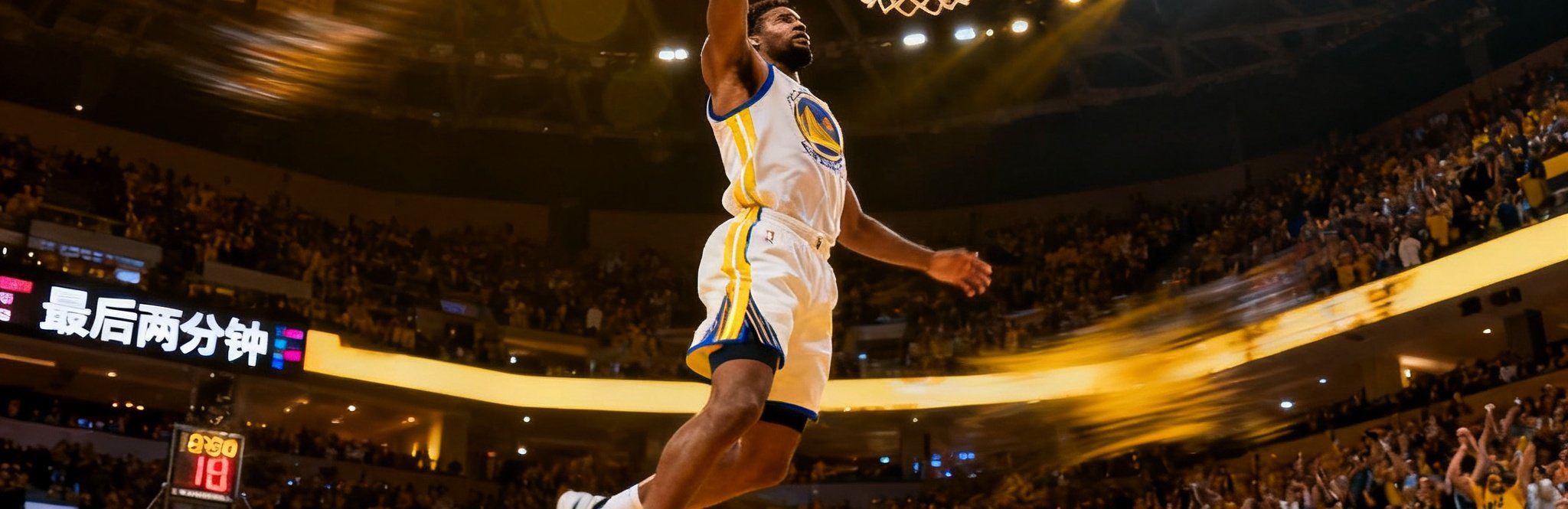 NBA比赛现场，一名球员在禁区内腾空而起完成一记单手暴扣，球馆内灯光璀璨，观众席爆发出热烈的欢呼声，记分牌显示比赛进入最后两分钟